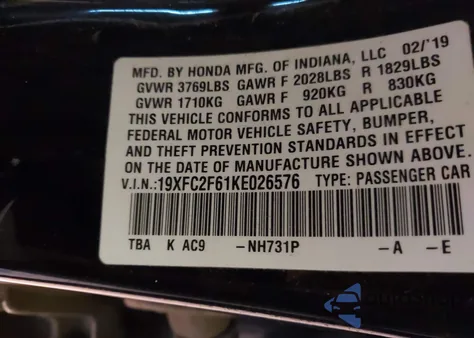 2019 Honda Civic Lx from USA, damaged, VIN 19XFC2F61KE026576